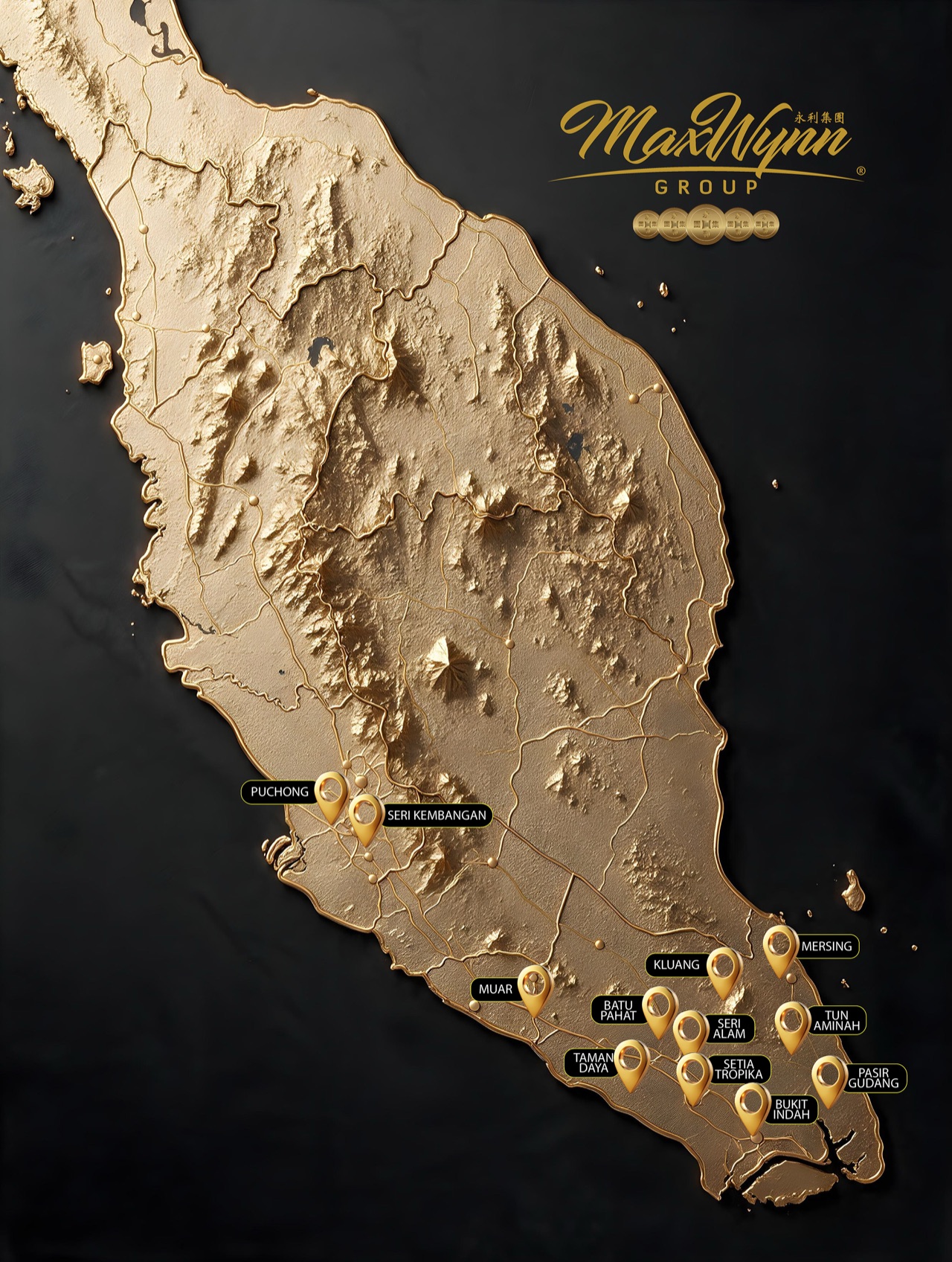 Gold relief map of Peninsular Malaysia marking MaxWynn's 12 pawnbroking branches across Johor and Selangor