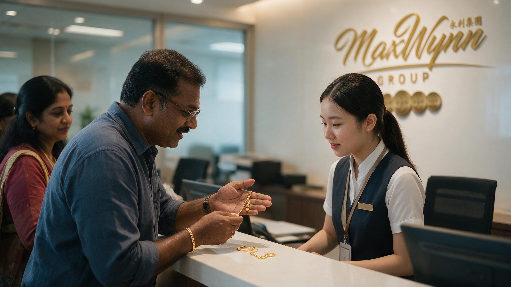 A MaxWynn Group staff member assisting a customer with a gold jewellery appraisal at the counter